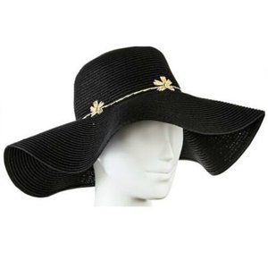 Women's Floppy Straw Hat Black with Embroidery Flower Black